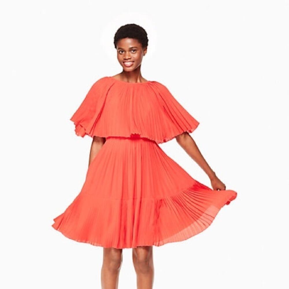 Kate Spade Pleated Cape Dress Midi Swing Full Skirt Tangerine Casual - 4